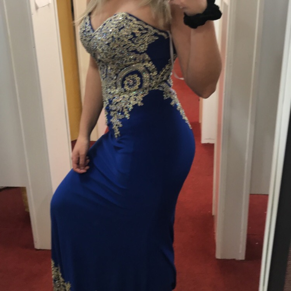 Royal blue prom dress with gold detailing